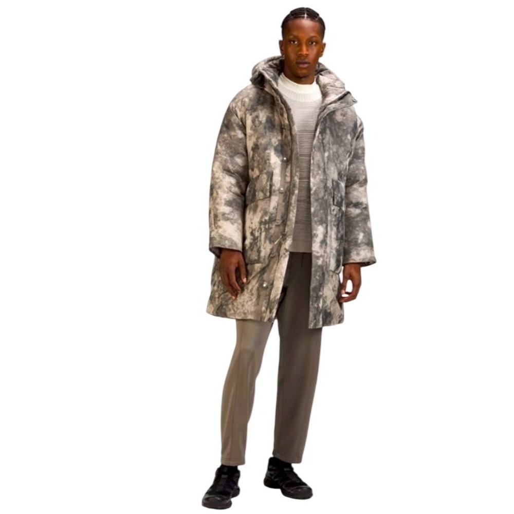 Lululemon Lab Downfill Parka XL Grey Abstract Print Goose Down‎ Hooded Jacket
